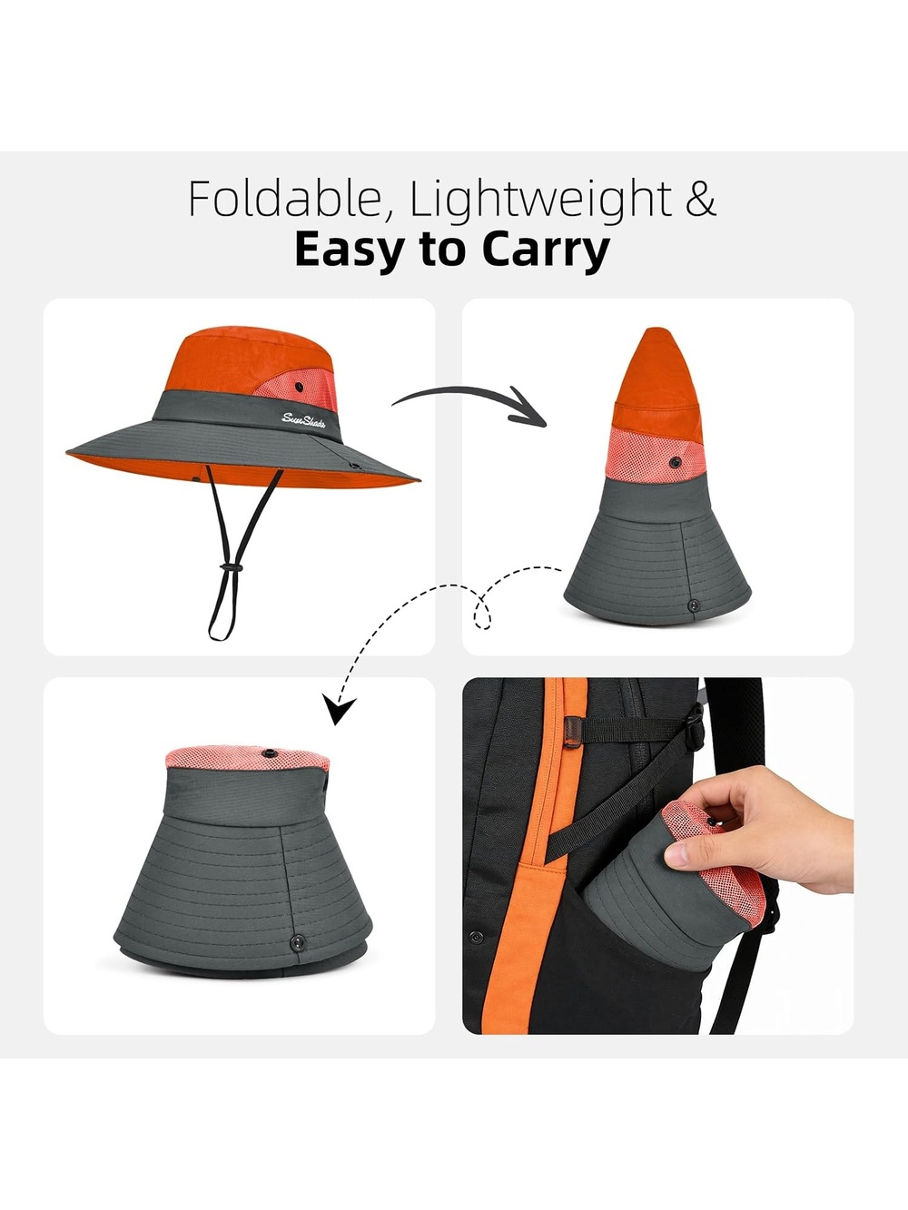 Women's Orange Wide Brim Foldable Ponytail Mesh Safari Chin Fishing Strap Hat - Picture 4 of 6